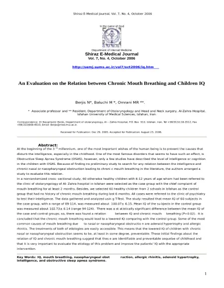 An Evaluation on the Relation between Chronic Mouth Breathing and Children IQ