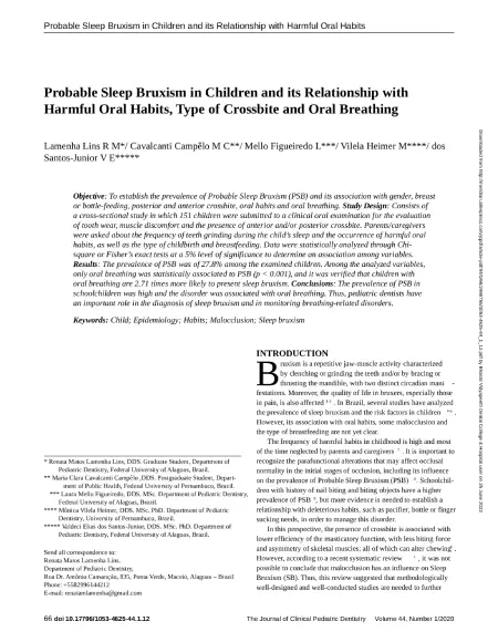 Probable Sleep Bruxism in Children and its Relationship with Harmful Oral Habits, Type of Crossbite and Oral Breathing