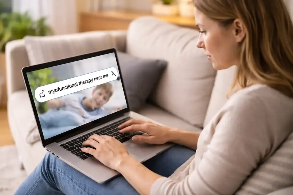 A woman on a laptop searching myofunctional therapy near me