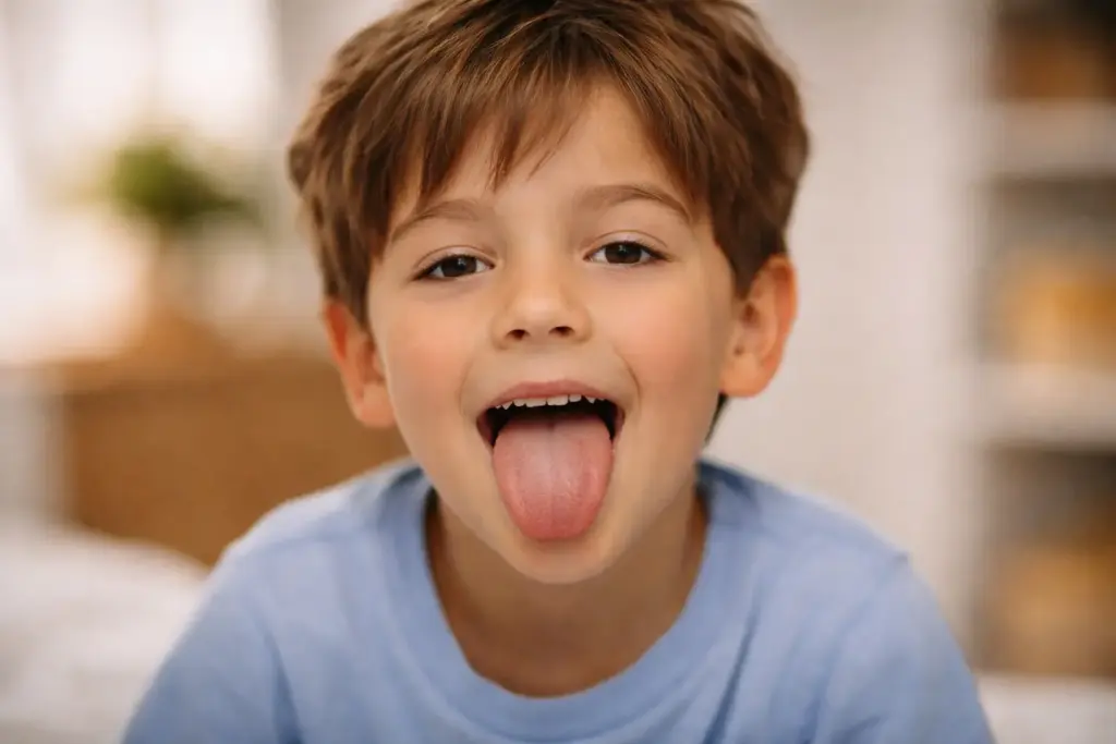 child with tongue sticking out