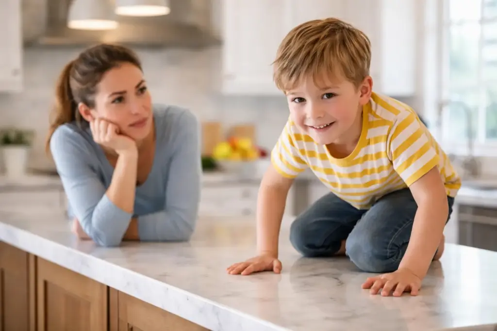 child climbing on the kitchen counter