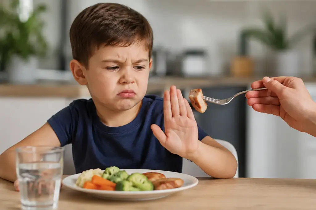 Young child at the dinner table refusing a bite of food, showing signs of mealtime struggle and possible difficulty chewing tougher textures.
