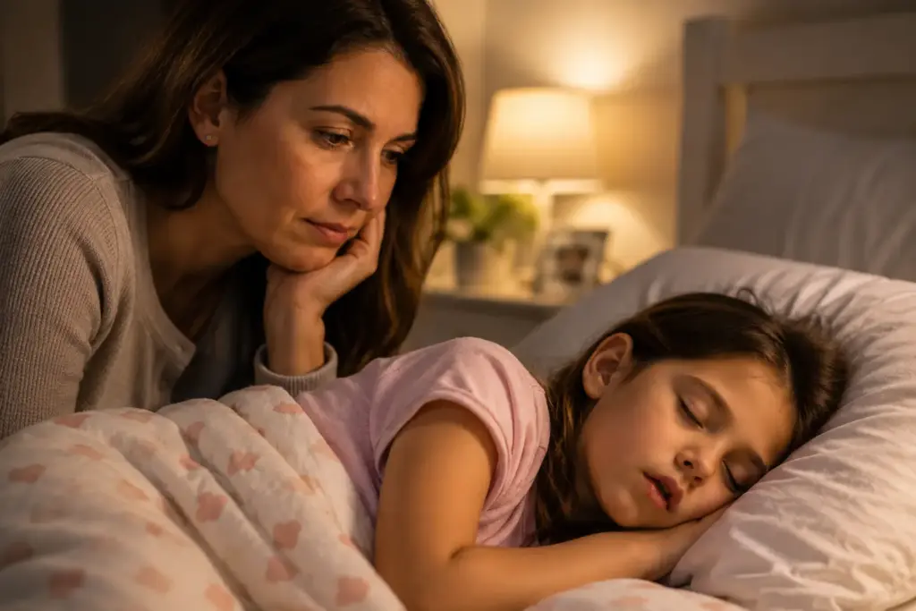 Concerned mother watching her sleeping child in a softly lit bedroom at night, highlighting the connection between children’s sleep, breathing, and behavior.