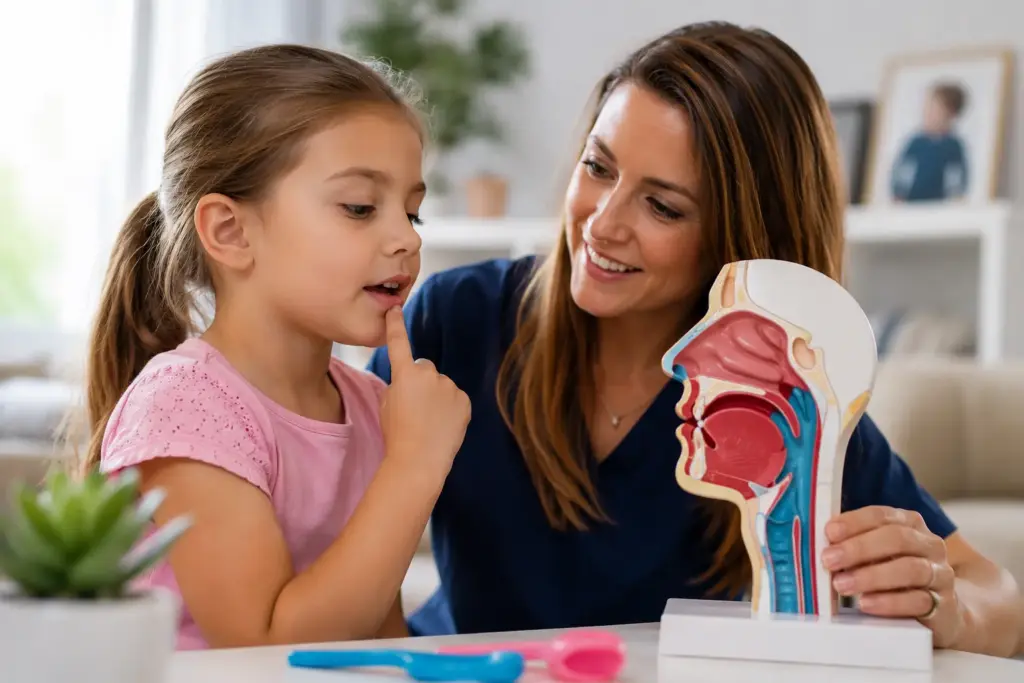 Child learning about healthy breathing and airway development during a pediatric myofunctional therapy evaluation