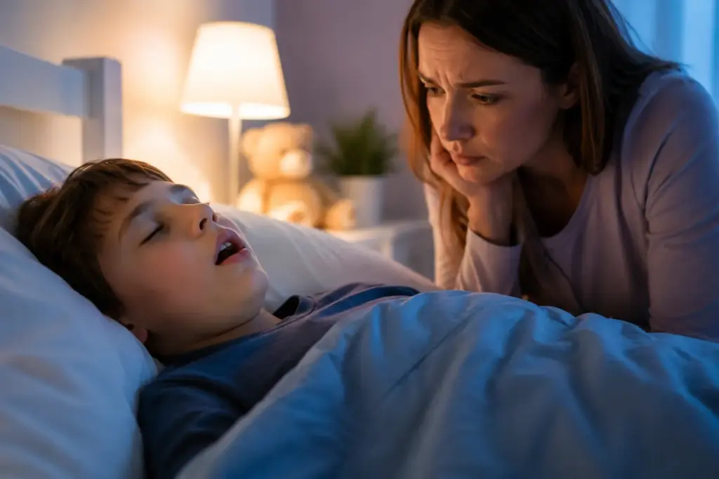 Concerned mother watching her young child sleep with an open mouth, highlighting possible signs of child snoring, mouth breathing, and airway development concerns.