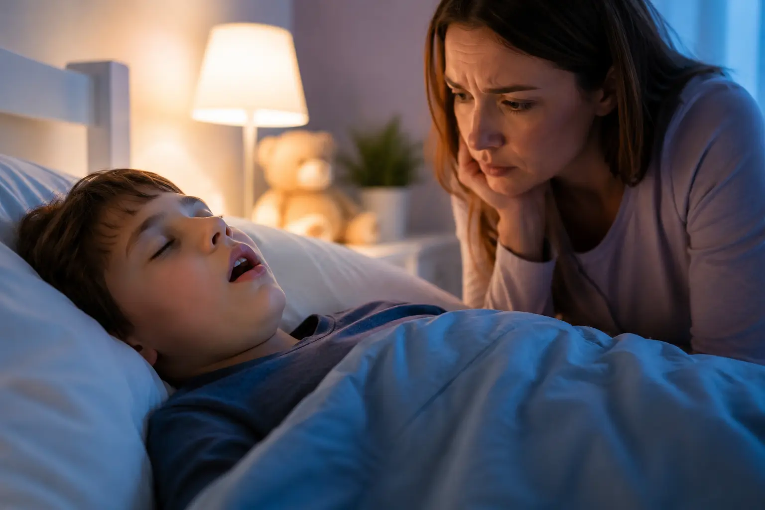 Concerned mother watching her young child sleep with an open mouth, highlighting possible signs of child snoring, mouth breathing, and airway development concerns.