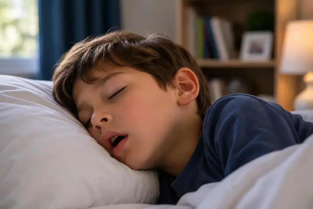 Child sleeping with mouth open, highlighting the connection between mouth breathing, sleep quality, and jaw development in children.