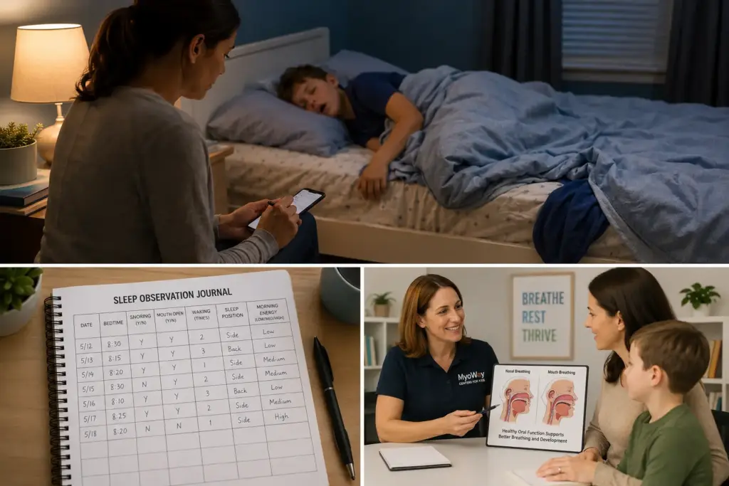 Parent documenting her child’s restless sleep and open-mouth breathing while he sleeps in bed.