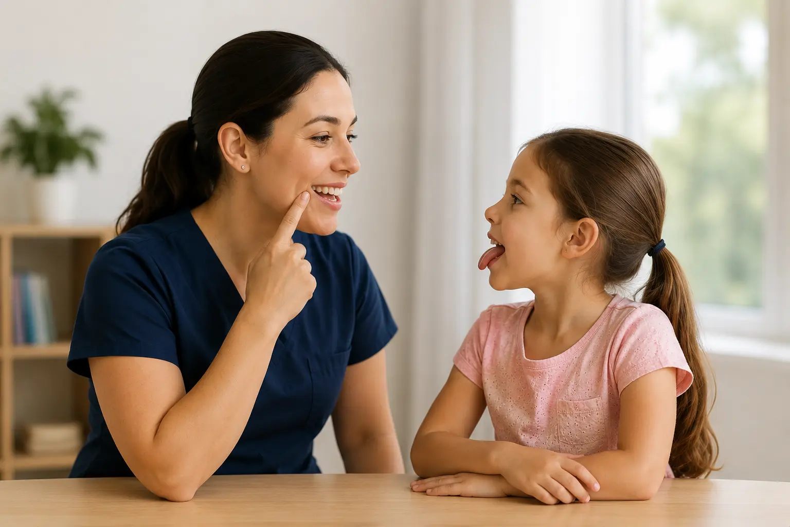 Child practicing an oral muscle exercise with a pediatric myofunctional provider in a bright, welcoming clinic.