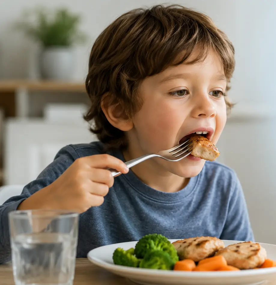 Child eating a healthy meal at a kitchen table with an airway anatomy illustration showing the connection between chewing, oral function, and airway development.
