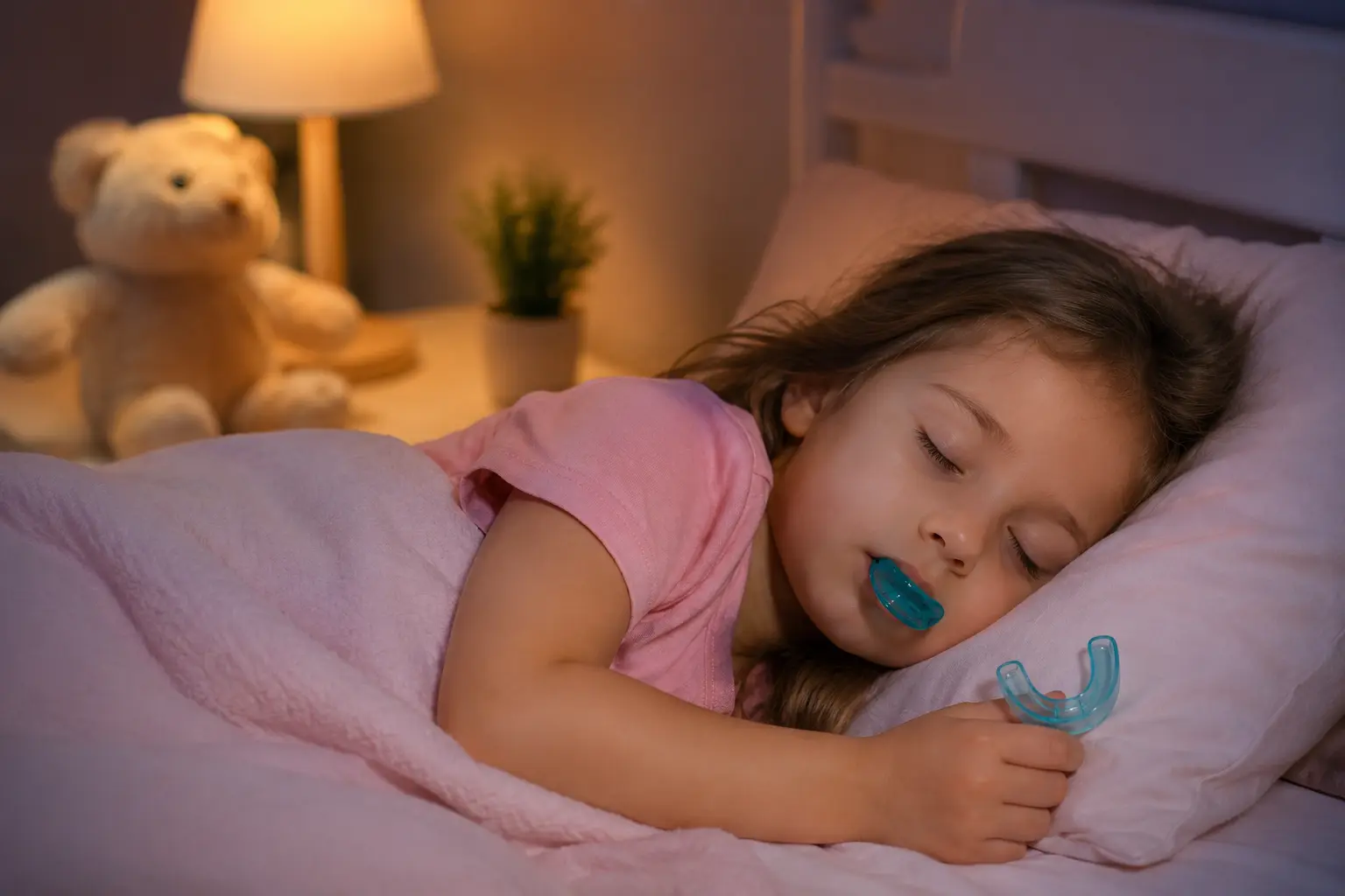 Sleeping child in a cozy bedroom wearing a myofunctional appliance and holding another appliance during bedtime.