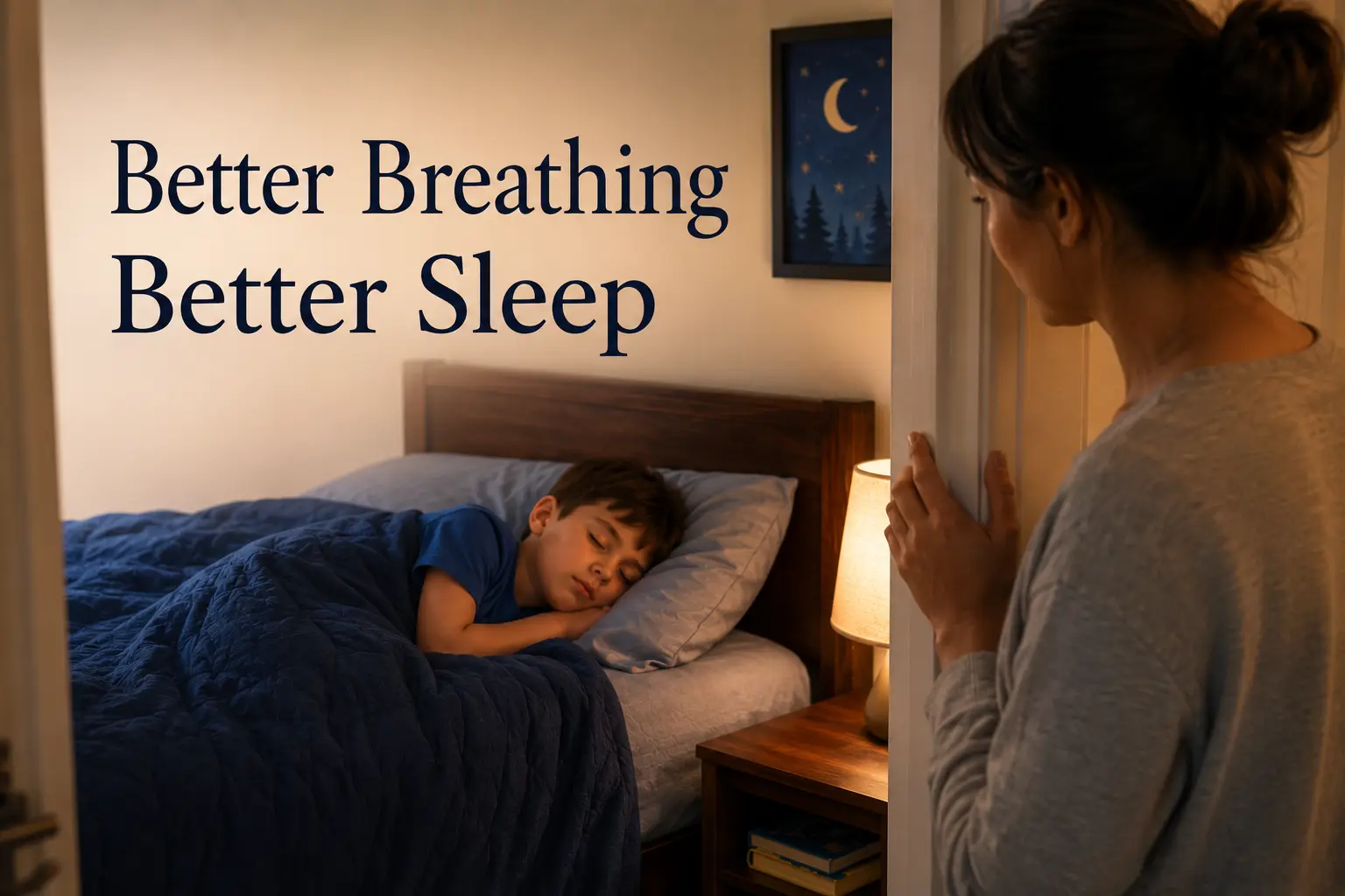 Mother quietly checking on her peacefully sleeping child in a softly lit bedroom, with the words “Better Breathing Better Sleep” displayed beside them.