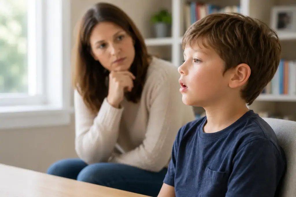 Boy sitting with his mouth slightly open while his mother observes his resting posture at home.