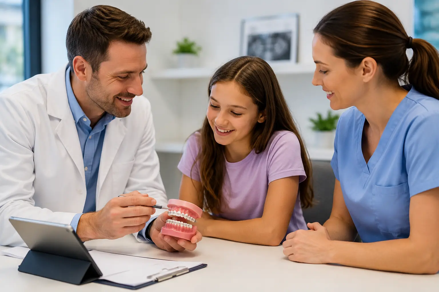 Dentist and dental assistant showing a child a model of teeth with braces during an orthodontic consultation.