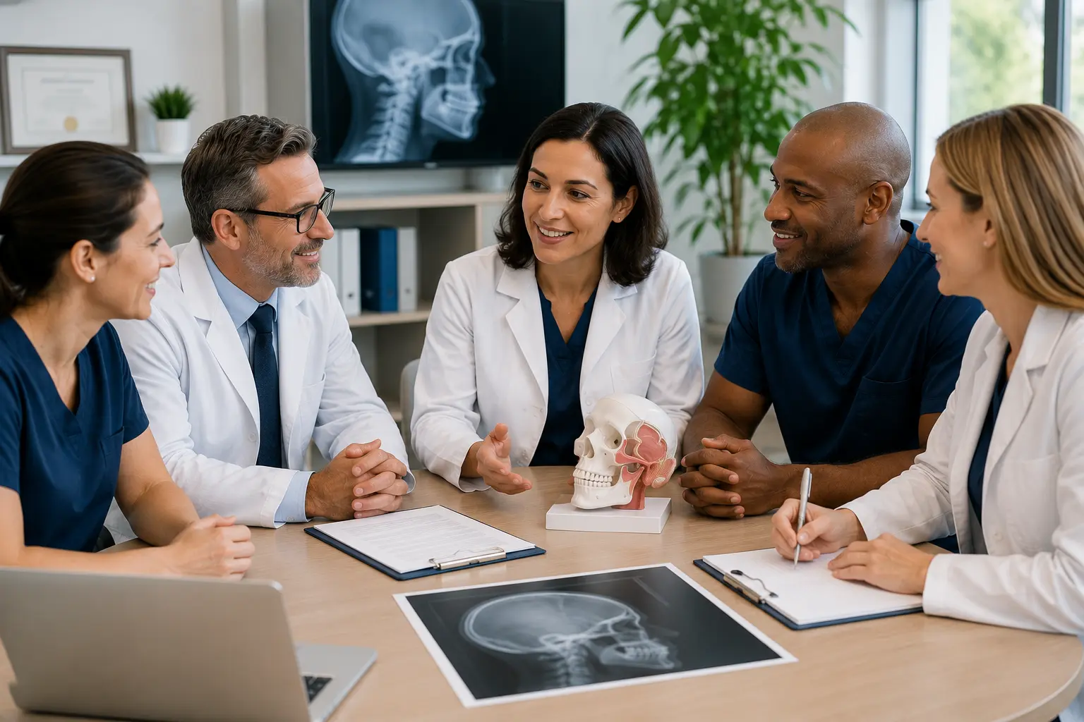 A multidisciplinary pediatric healthcare team collaborates around a table with a skull model and airway X-rays in a bright clinical office.