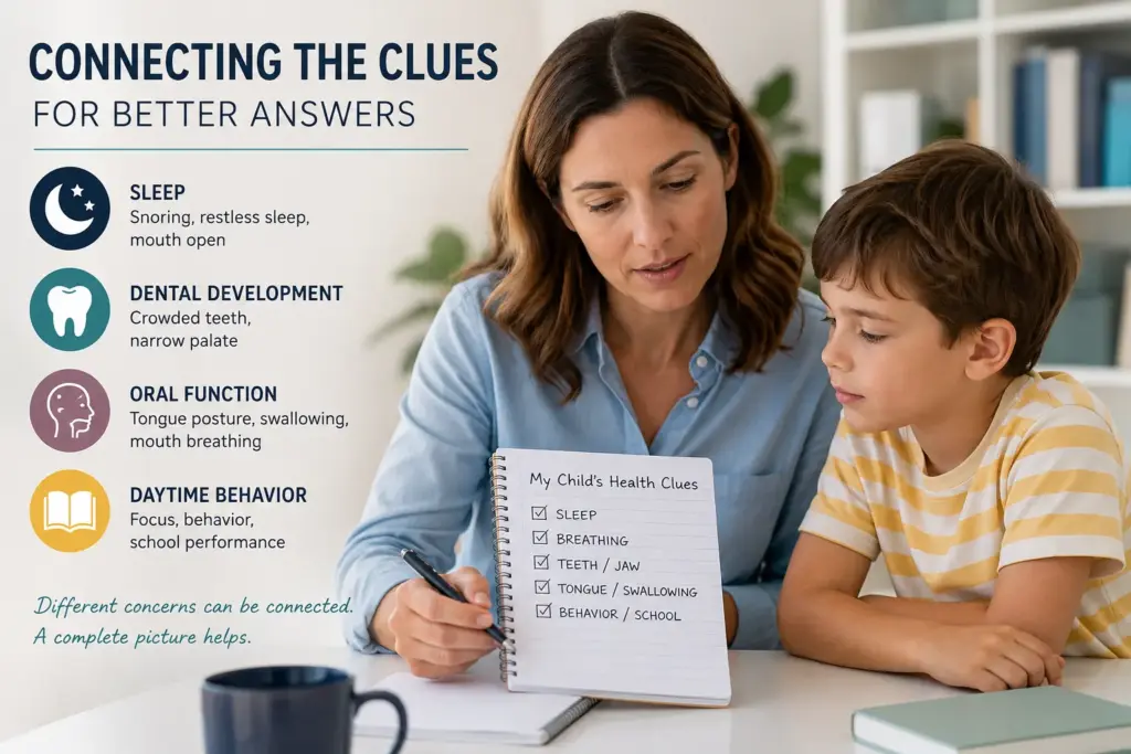 Parent reviewing a child’s sleep, breathing, dental, and behavior concerns.