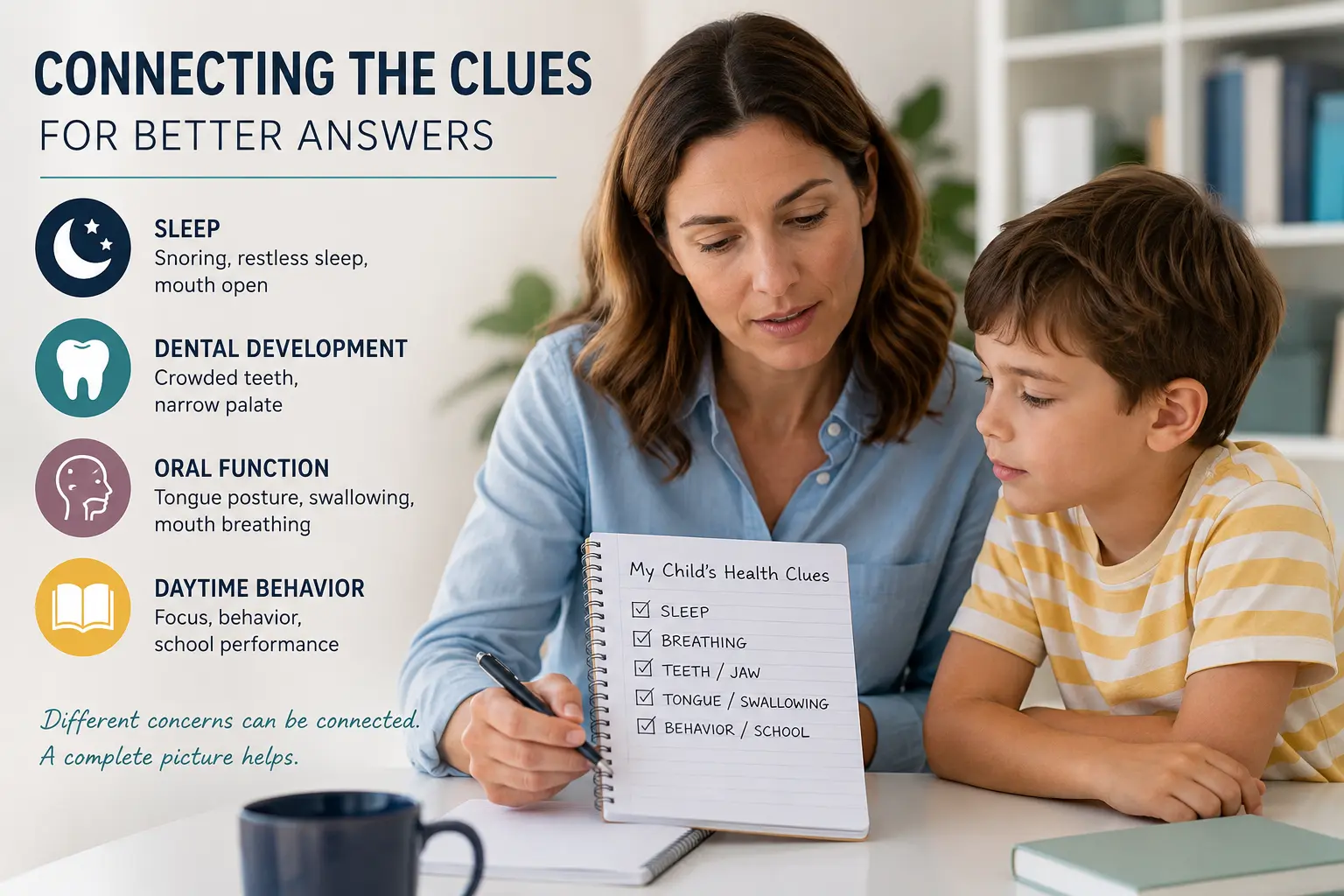 Parent reviewing a child’s sleep, breathing, dental, and behavior concerns.