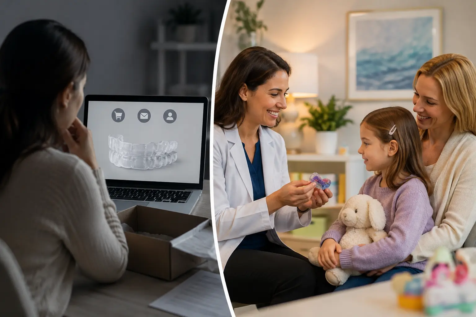 Parent comparing an online dental appliance program with a warm in-person pediatric airway and myofunctional evaluation with a doctor.