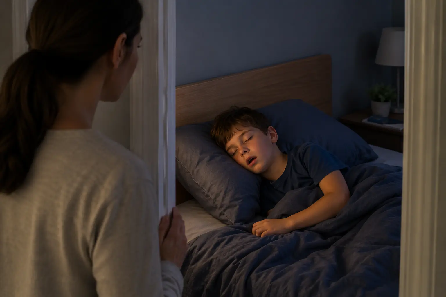 Parent observing a sleeping child with open-mouth breathing, a possible pediatric airway warning sign.