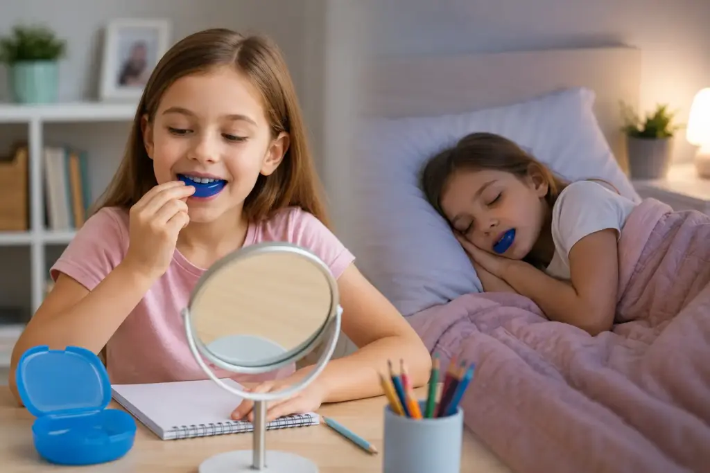 Child using a myofunctional appliance during daytime practice and sleeping with the appliance at night.