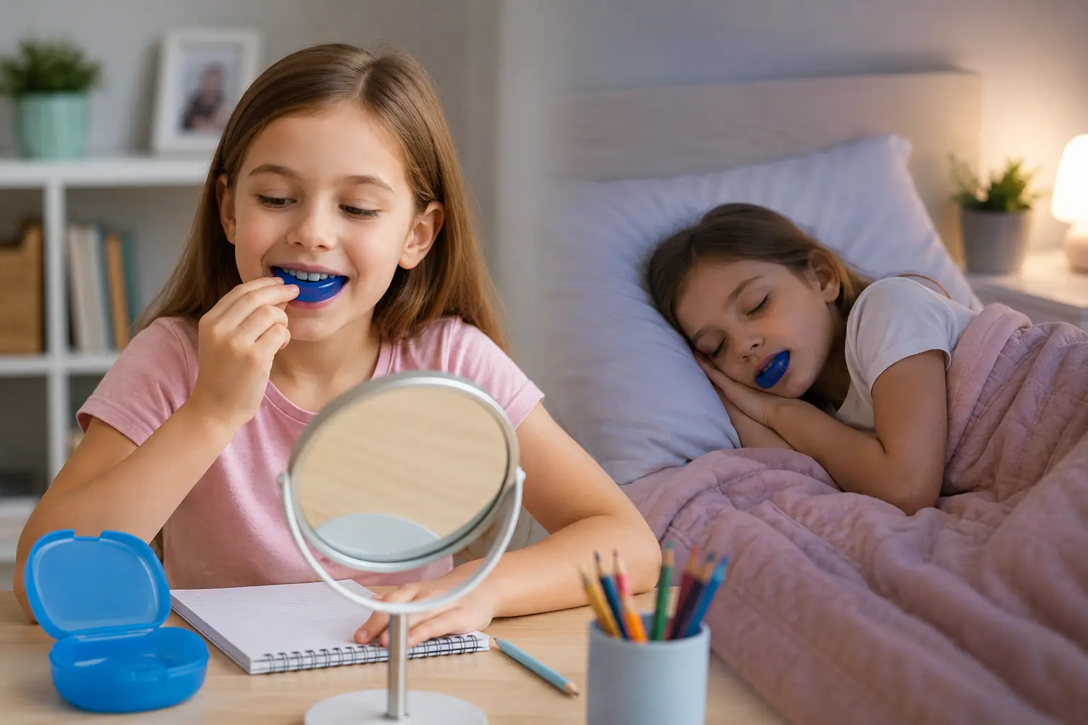 Child using a myofunctional appliance during daytime practice and sleeping with the appliance at night.