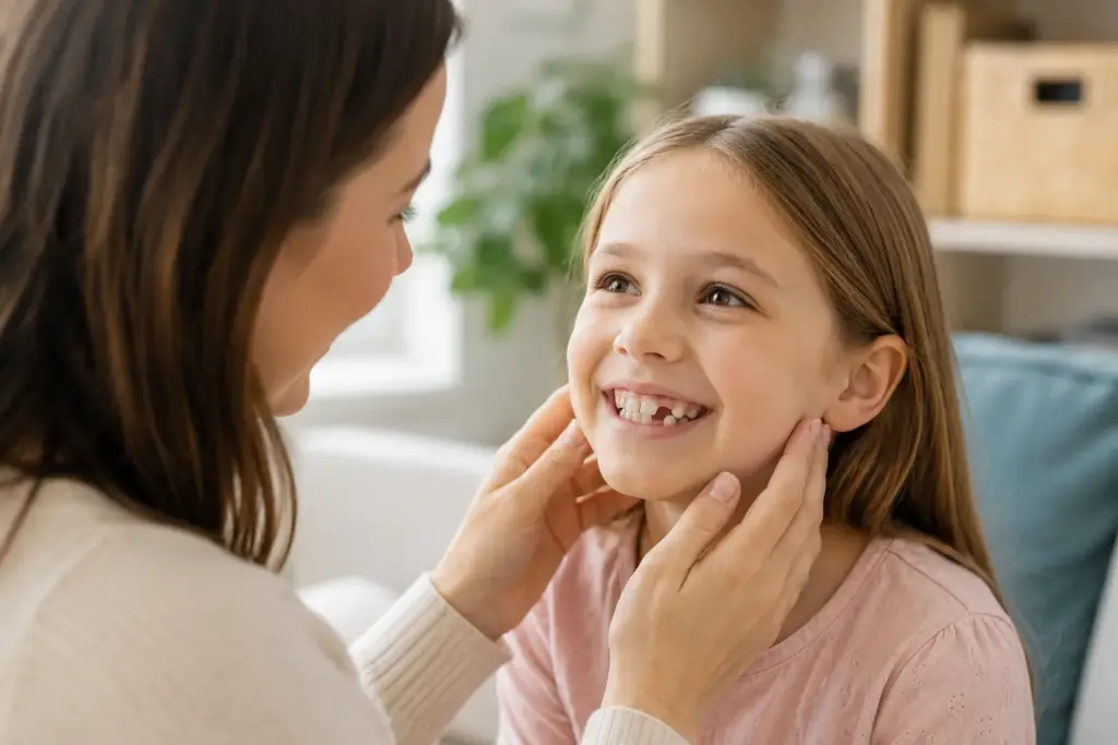 Mother gently holding her young daughter’s face as the child smiles, showing early dental crowding.