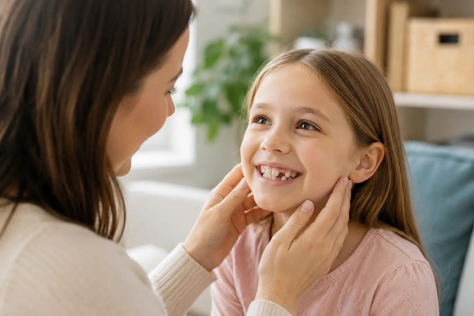 Mother gently holding her young daughter’s face as the child smiles, showing early dental crowding.