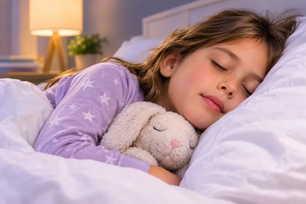 Child sleeping peacefully in bed, representing restful sleep during a pediatric myofunctional therapy journey.