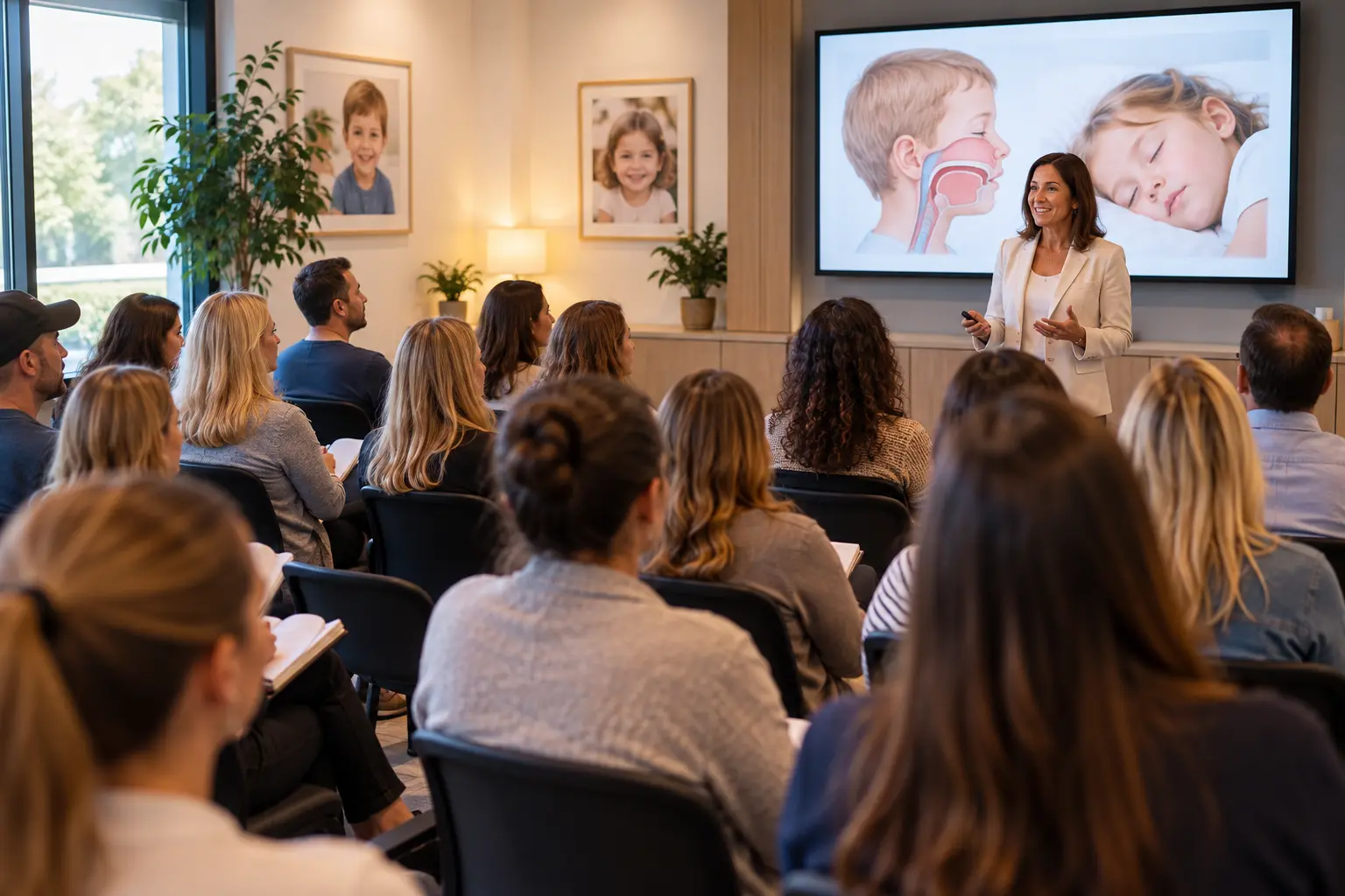 Parents attending a MyoWay educational event about children’s breathing, sleep, airway development, and oral health.