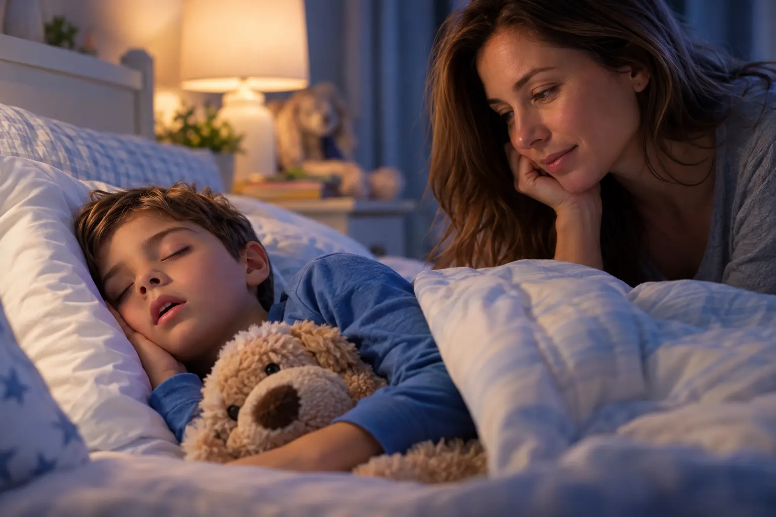 Parent watching her sleeping child for signs of nighttime breathing and sleep quality.