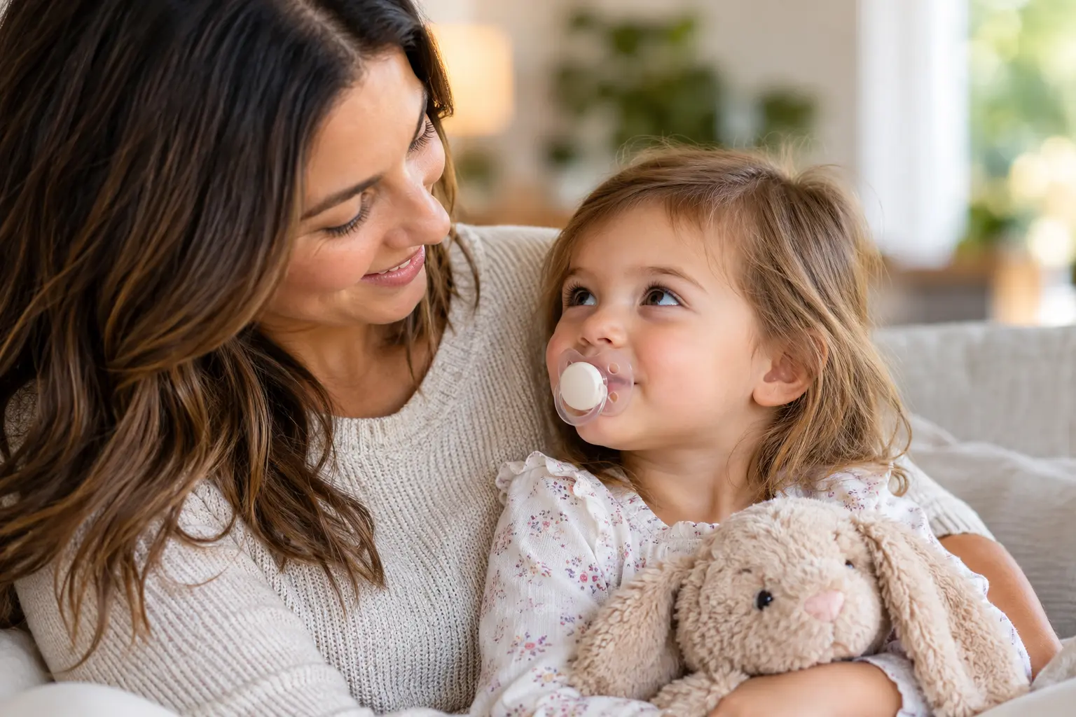Parent reading a bedtime story to help a toddler transition away from pacifier use.