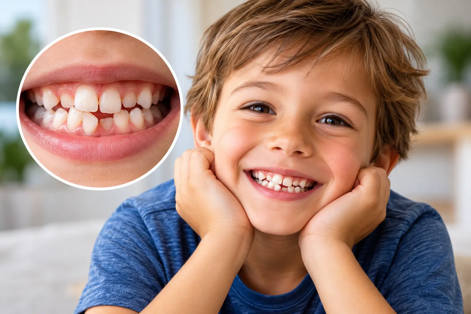 Smiling child with developing permanent teeth and a close-up showing early dental crowding and tooth spacing.
