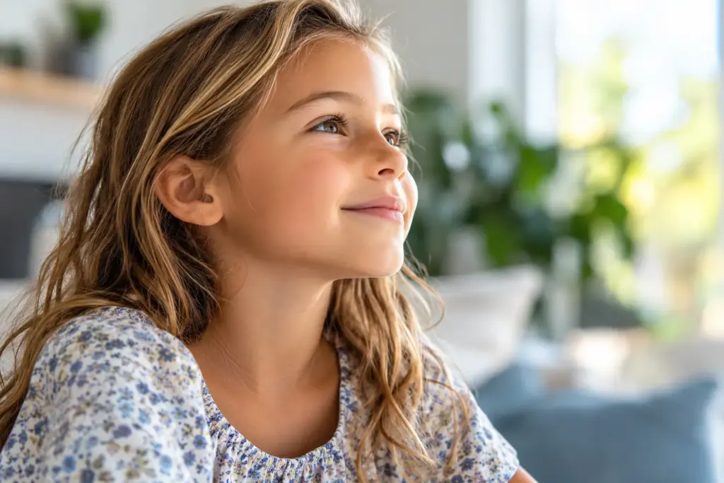 Child in side profile with relaxed lips and natural posture, illustrating comfortable nasal breathing and healthy oral function.