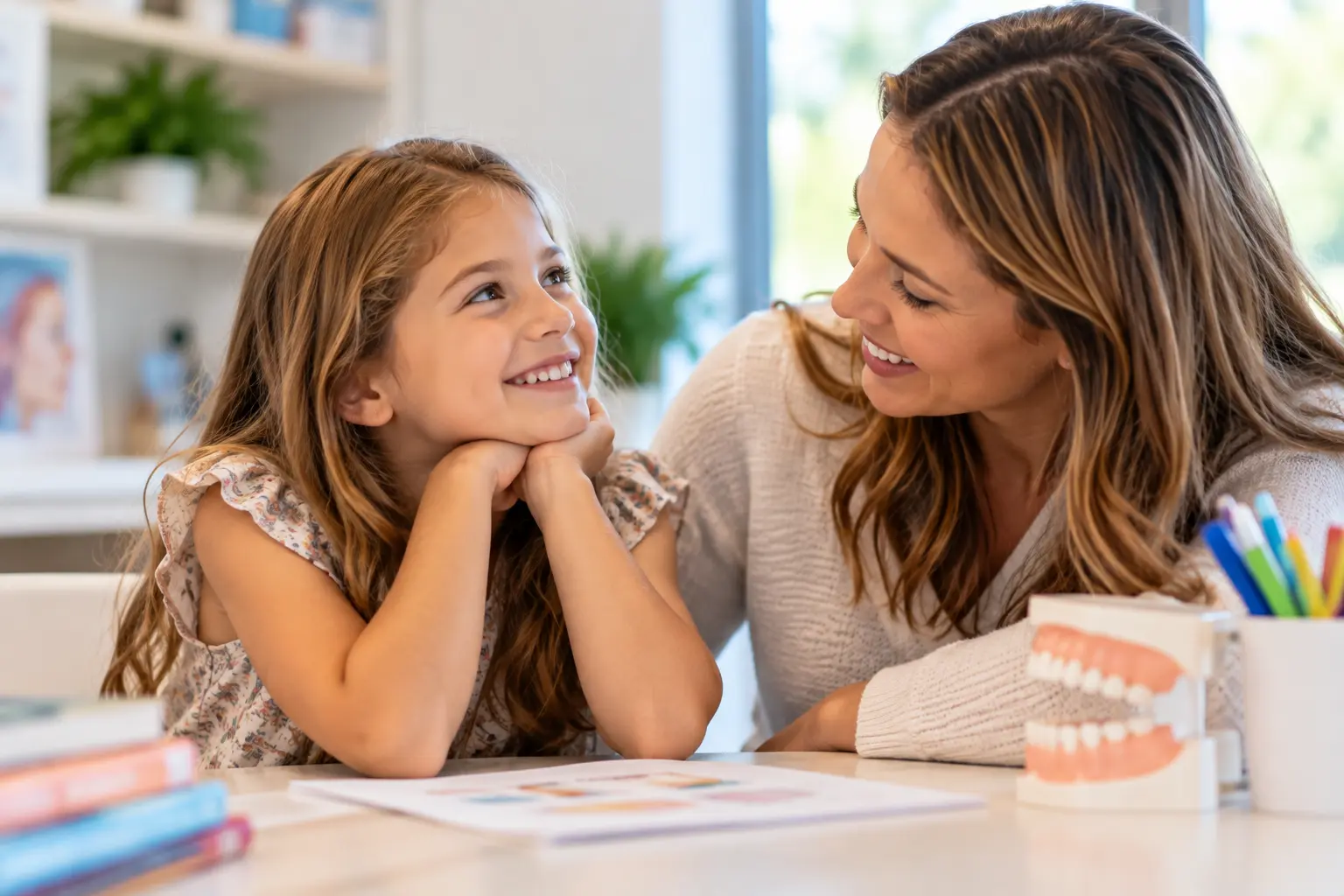 Young girl smiling with her mother during a discussion about oral health, jaw development, and pediatric myofunctional therapy.