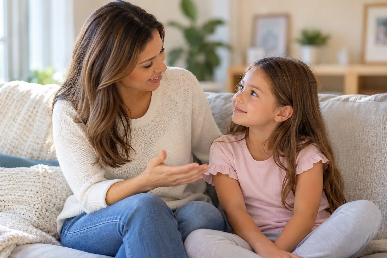Mother helping her child prepare for a first myofunctional therapy appointment through a calm conversation at home.